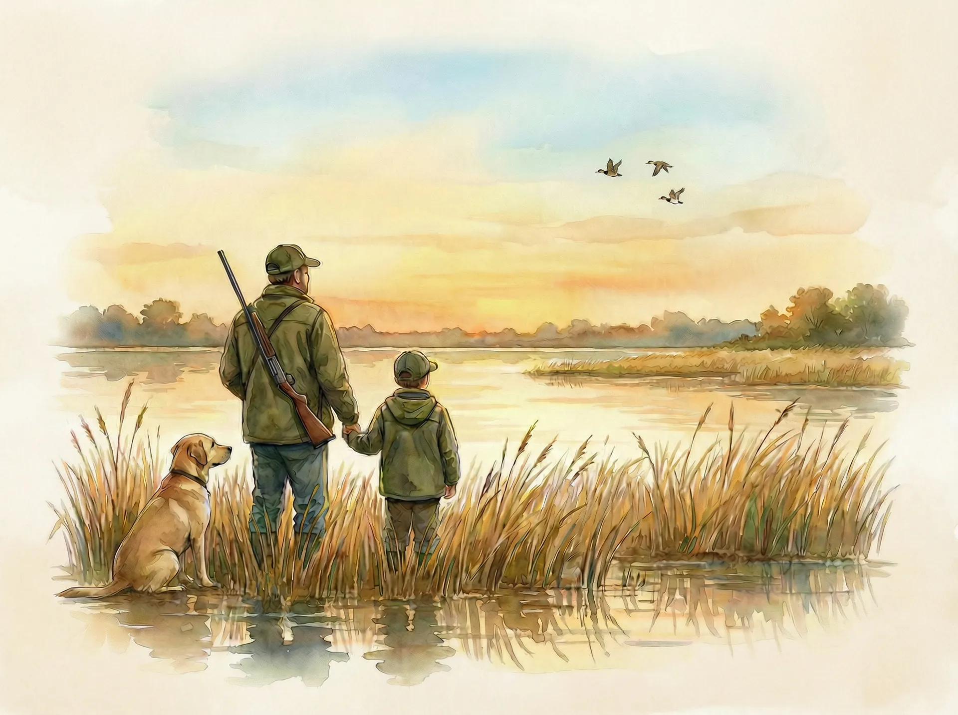 Watercolor illustration of a father and son duck hunting with their Labrador in the Argentine wetlands at sunset
