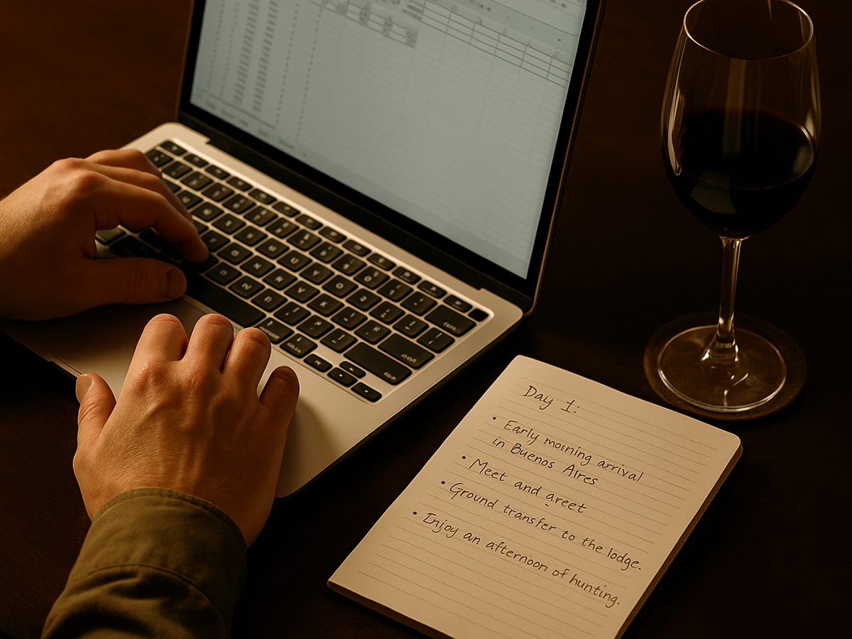 Planning a personalized hunting trip — laptop, notes and wine